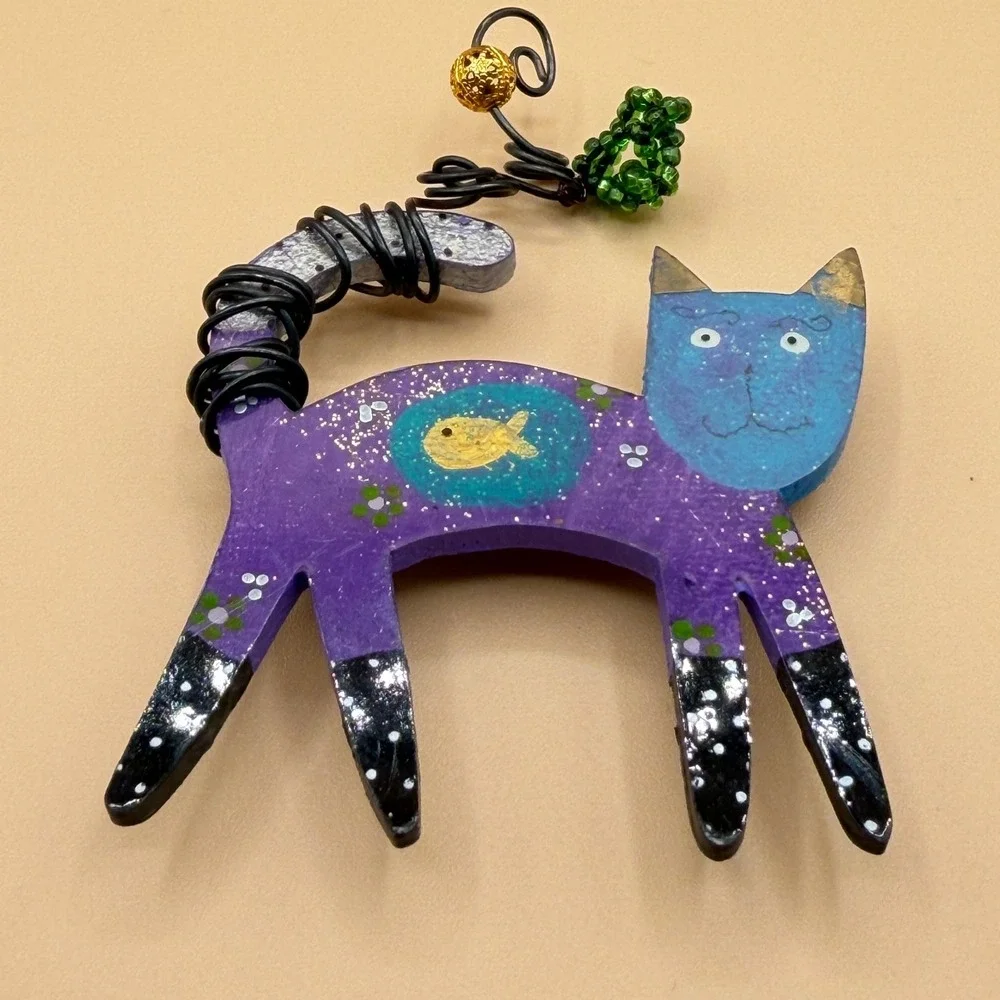 Whimsical Purple Blue Cat Brooch Pin Painted Wood Fish Wire Tail Folk Art Gift